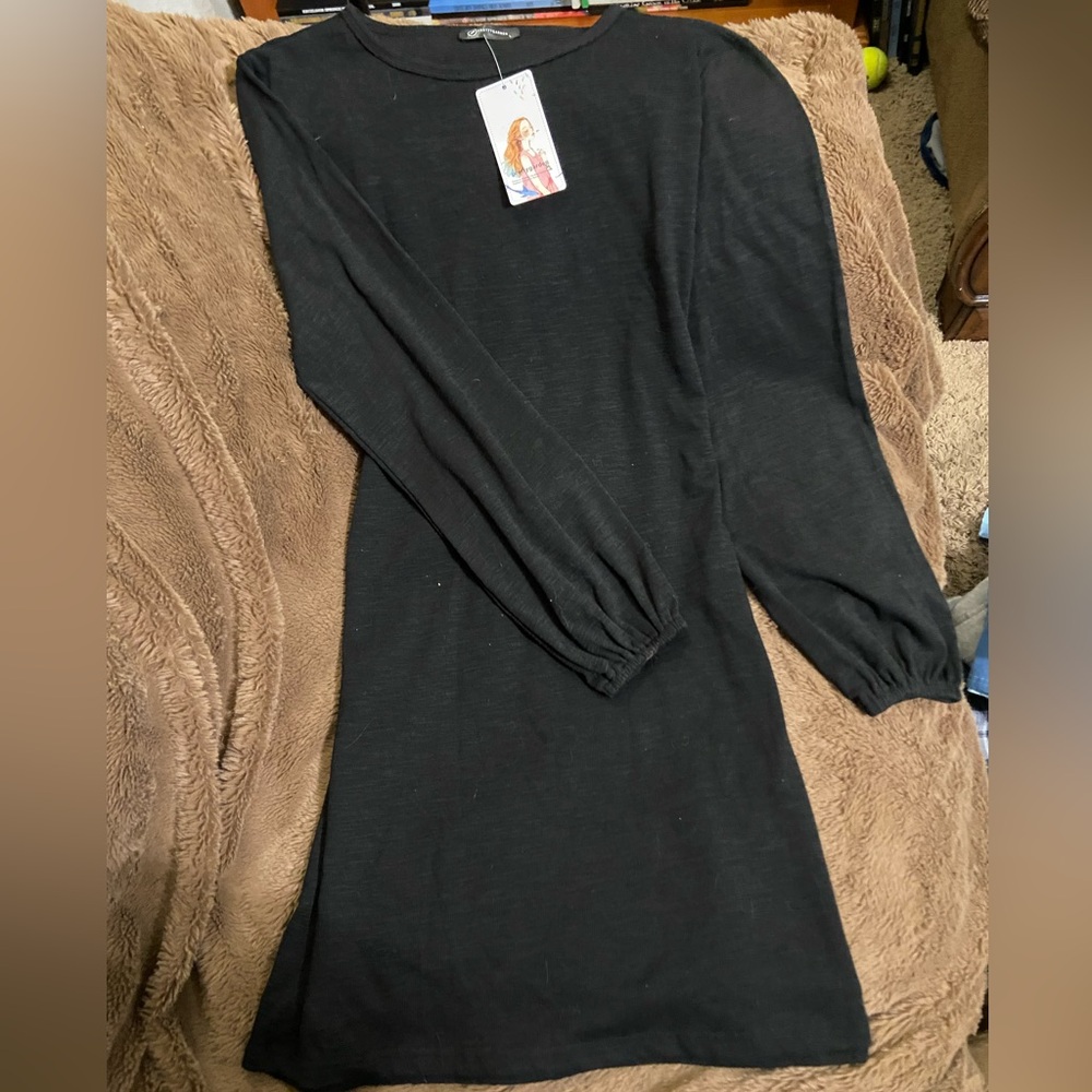 Black Long Sleeve Midi Dress With Bow Tie